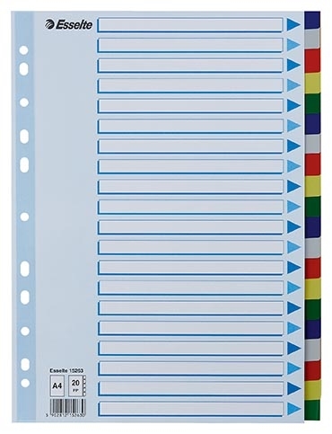 Esselte Faneblade PP A4 20-delt farvede faner (register a strappo)