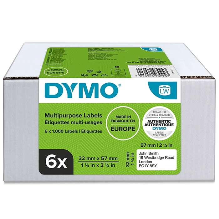 Dymo Label Multi 32 x 57 mm bianco removibile, 6 x 1000 pezzi.