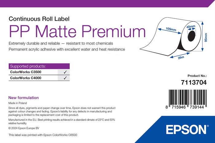 Epson PP Matte Label Premium, Rotolo Continuo, 105mm x 29m