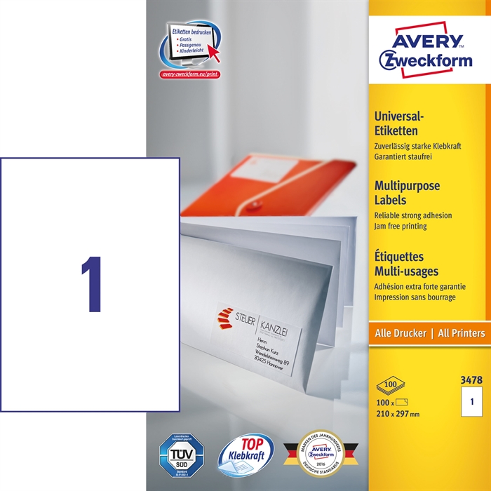 Avery ILC etichetta universale 210 x 297 mm, 100 pezzi.